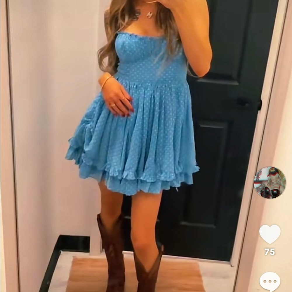 Blue Strapless Dress with Ruffle Hem